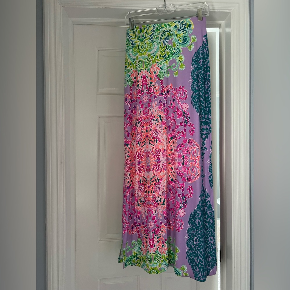Lilly Pulitzer Purple Maxi Skirt with Pink and Green Floral Design